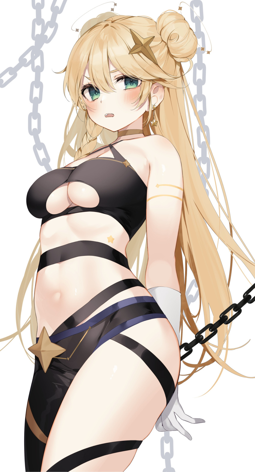 absurdres armlet asymmetrical_legwear bare_shoulders blonde_hair blush breasts chains choker cleavage commentary commission double_bun double_halo earrings english_commentary female gloves green_eyes hair_bun hair_ornament halo halterneck highres jewelry kaneko_lumi kaneko_lumi_(1st_costume) large_breasts long_hair midriff navel phase_connect second-party_source solo star_(symbol) star_earrings star_hair_ornament tamafurin thighs underboob unhappy virtual_youtuber white_background white_gloves