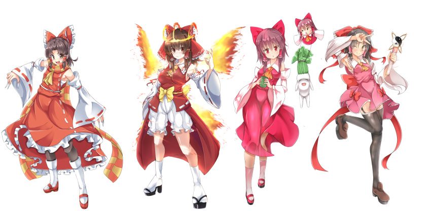 5girls arm_up armpits ascot benikurage_(cookie) black_hair black_thighhighs bloomers blush boots bow bow_skirt breasts brown_eyes brown_footwear brown_hair closed_mouth commentary_request cookie_(touhou) cup daikon detached_sleeves dress fangs fiery_wings fingernails fire frilled_bow frilled_hair_tubes frilled_shirt_collar frilled_skirt frills full_body garter_straps geta hair_between_eyes hair_tubes hairbow hakurei_reimu highres holding holding_cup holding_wand hyper_muteki_(ningen_no_kuzu) kanna_(cookie) large_bow leg_up long_fingernails long_hair looking_at_viewer magical_girl medium_breasts medium_hair mini_person minigirl multiple_girls one_eye_closed open_mouth orange_scarf pantyhose parted_bangs pink_shirt pink_skirt radish red_bow red_dress red_eyes red_shirt red_skirt reu_(cookie) reu_daikon ribbon-trimmed_sleeves ribbon_trim sakenomi_(cookie) sananana_(cookie) sarashi scarf sharp_fingernails shirt shoes sidelocks simple_background skirt sleeveless sleeveless_shirt sleeves_past_fingers sleeves_past_wrists small_breasts smile socks standing standing_on_one_leg striped_clothes striped_scarf thighhighs touhou transparent_background triangle_mouth underwear v wand white_footwear white_legwear white_sleeves wings yellow_ascot yellow_bow yellow_eyes yellow_scarf yin_yang yunomi