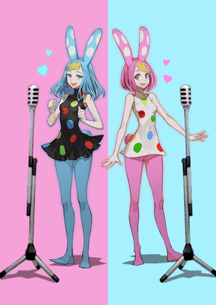 2girls :d animal_crossing animal_ears bare_shoulders blonde_hair blue_background blue_hair blush chrissy_(animal_crossing) dress francine_(animal_crossing) full_body heart highres humanization idol jun_(navigavi) long_hair microphone multicolored_polka_dots multiple_girls open_mouth pantyhose pink_background pink_hair polar_opposites polka_dot polka_dot_dress rabbit_ears short_dress short_hair siblings sisters sleeveless sleeveless_dress smile standing symmetry two-tone_background