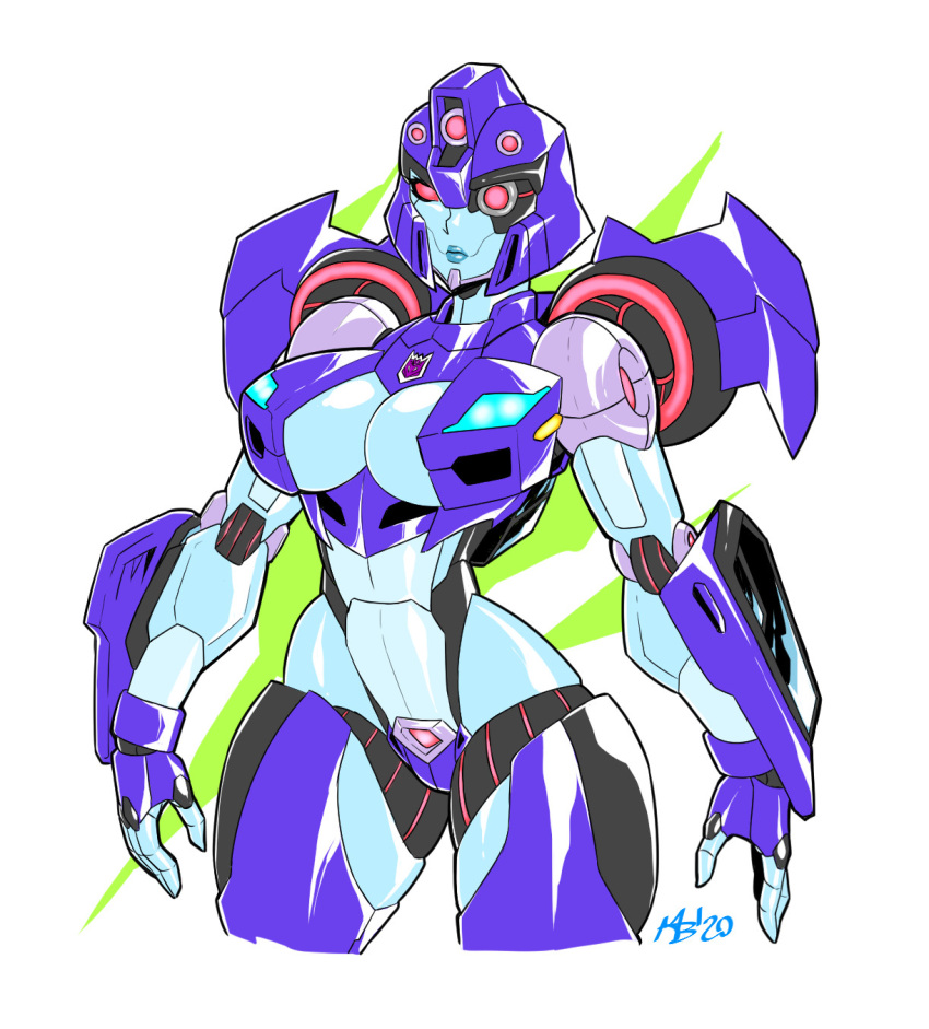 blue_lips breasts cleavage commentary cowboy_shot cropped_legs decepticon english_commentary female highres looking_ahead mad_project mecha medium_breasts open_hands robot science_fiction shadow_striker_(transformers) solo transformers transformers_cyberverse white_background