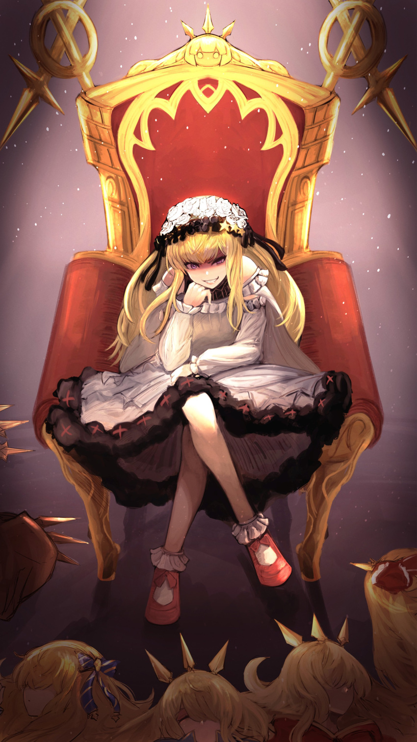 absurdres armchair bare_shoulders blonde_hair bobby_socks cagliostro_(granblue_fantasy) cero421 chair clone closed_eyes commentary_request crossed_legs dress evil_grin evil_smile flower granblue_fantasy grin hair_flower hair_ornament hairband head_rest highres leaning_forward long_hair looking_at_viewer mary_janes purple_eyes red_footwear shaded_face shoes smile socks throne white_dress