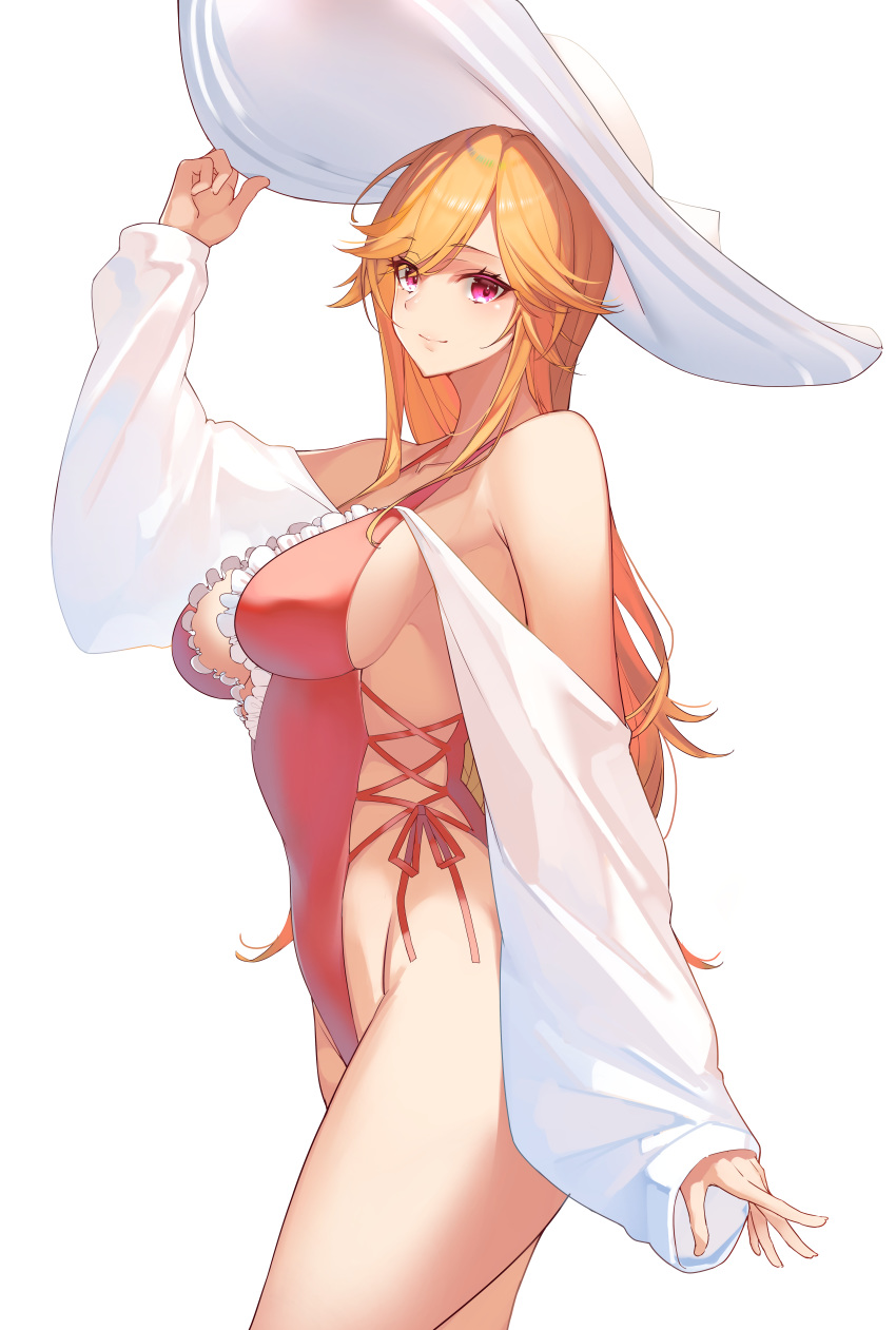 absurdres arm_up azur_lane bare_shoulders blush breasts casual_one-piece_swimsuit cleavage closed_mouth collarbone commentary cowboy_shot cross-laced_clothes cross-laced_one-piece_swimsuit detached_sleeves female frilled_one-piece_swimsuit frills from_side hair_between_eyes halterneck hand_on_headwear hand_up hat highleg highleg_swimsuit highres large_breasts long_hair long_sleeves looking_at_viewer official_alternate_costume one-piece_swimsuit orange_hair pink_one-piece_swimsuit purple_eyes richelieu_(azur_lane) richelieu_(fleuron_of_the_waves)_(azur_lane) side-tie_swimsuit sideboob sidelocks simple_background sleeves_past_wrists smile solo standing sun_hat swimsuit thighs very_long_hair white_background white_hat white_sleeves yamanokami_eaka