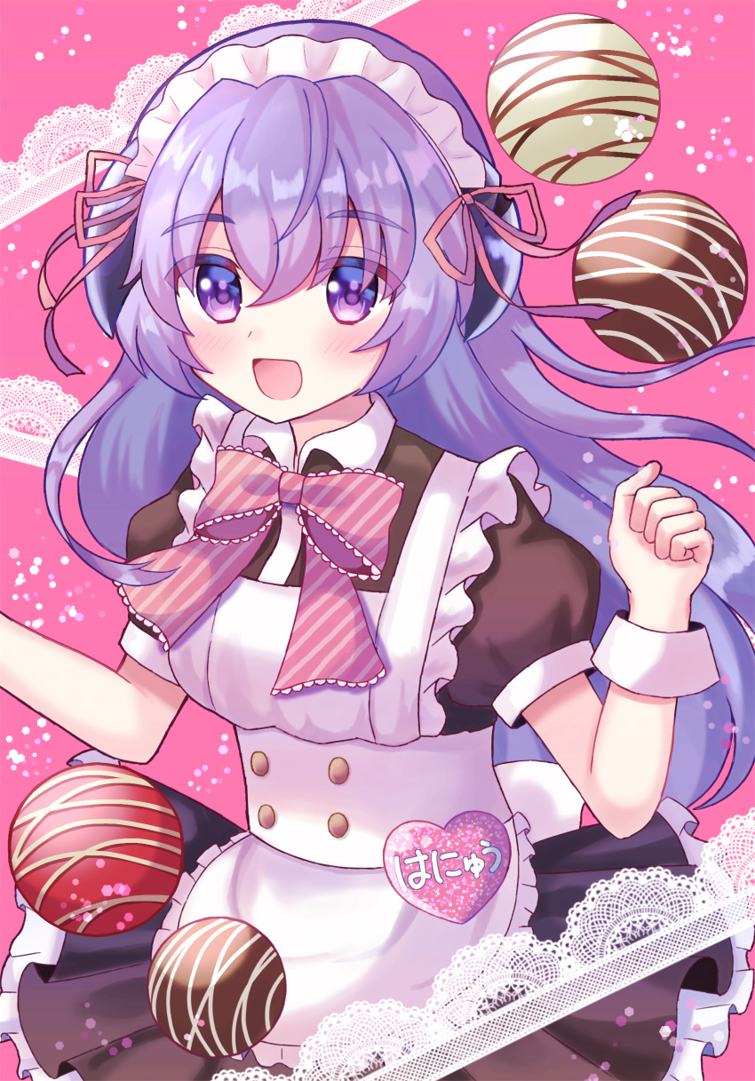 absurdres apron blush bow bowtie buttons chocolate clenched_hand commentary cowboy_shot ei_(user_pkrs2343) female frilled_apron frilled_bowtie frilled_skirt frills hanyuu highres higurashi_no_naku_koro_ni horns lace long_hair maid maid_headdress name_tag open_mouth pink_background pink_bow pink_bowtie puffy_short_sleeves puffy_sleeves purple_eyes purple_hair short_sleeves simple_background skirt solo striped_bow striped_bowtie striped_clothes translated white_apron wrist_cuffs