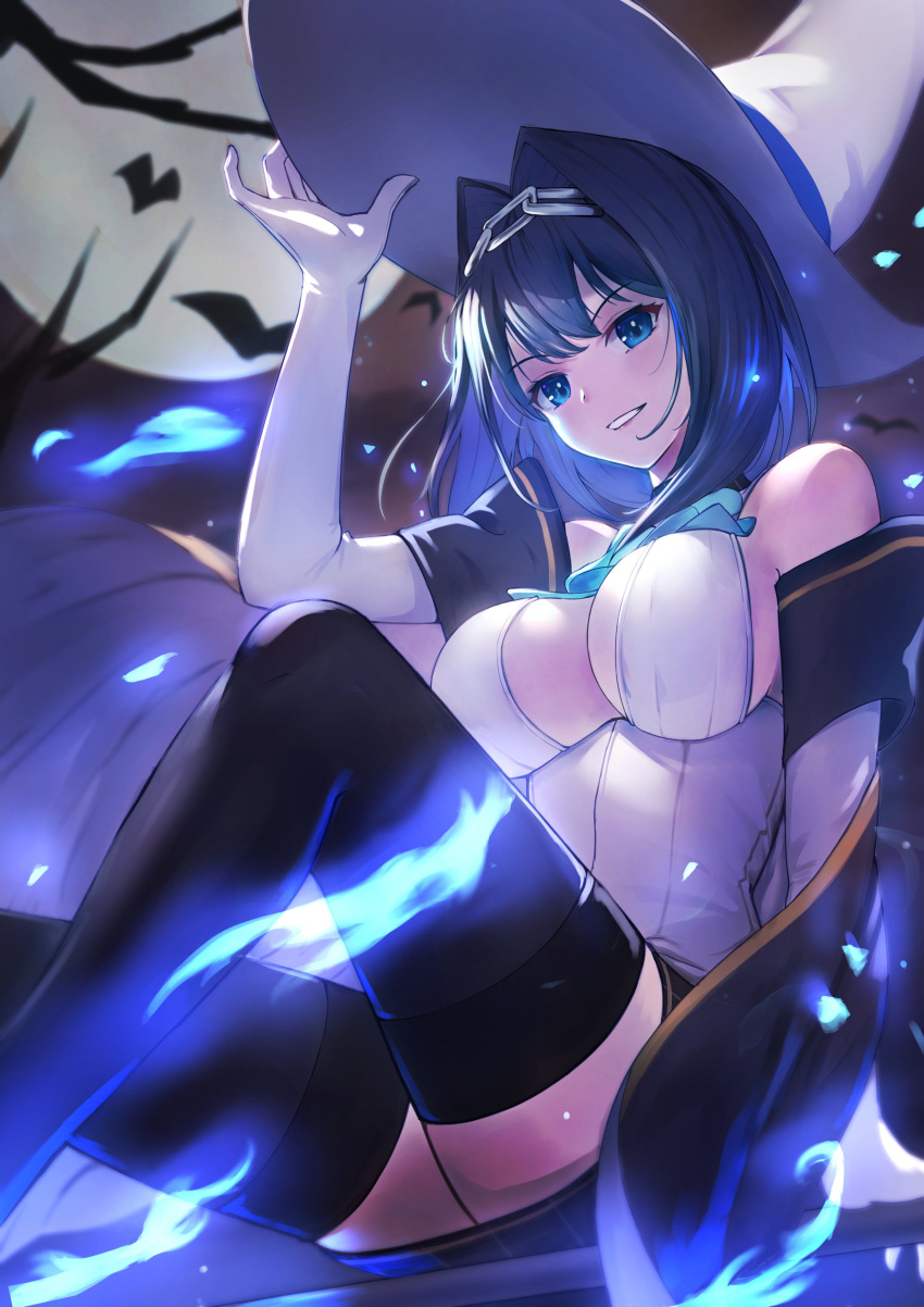 absurdres adjusting_clothes adjusting_headwear bat_(animal) blue_eyes blue_fire blue_hair bow breasts chains elbow_gloves female fire full_moon gloves hat highres hololive hololive_english large_breasts moon ouro_kronii sitting thighhighs tokisaka_makoto virtual_youtuber white_gloves witch_hat