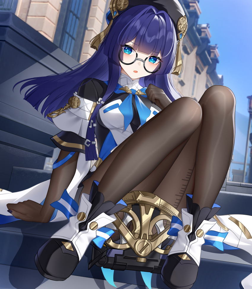 absurdres ankle_boots black_gloves black_headwear boots building dress elbow_gloves female glasses gloves highres honkai:_star_rail honkai_(series) knees_up legs long_hair looking_at_viewer open_mouth outdoors panties pantyhose pela_(honkai:_star_rail) purple_hair purple_scarf round_eyewear scarf sitting sky solo underwear white_dress white_footwear wu_ganlan_cai