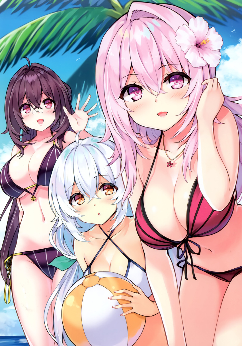 3girls absurdres ahoge ball bare_shoulders beachball bikini black_hair blue_sky blush breasts cleavage cloud cloudy_sky criss-cross_halter cu-no day flower glasses hair_flower hair_ornament halterneck hand_up hibiscus highres hisen_kaede holding jewelry kokonoe_tamaki leaning_forward long_hair looking_at_viewer multiple_girls navel necklace ocean open_mouth outdoors palm_leaf palm_tree parted_lips pink_hair purple_eyes rapua_qive red_eyes scan sky smile stomach striped swimsuit thighs tree vertical_stripes water white_hair yayoi_sakura yellow_eyes