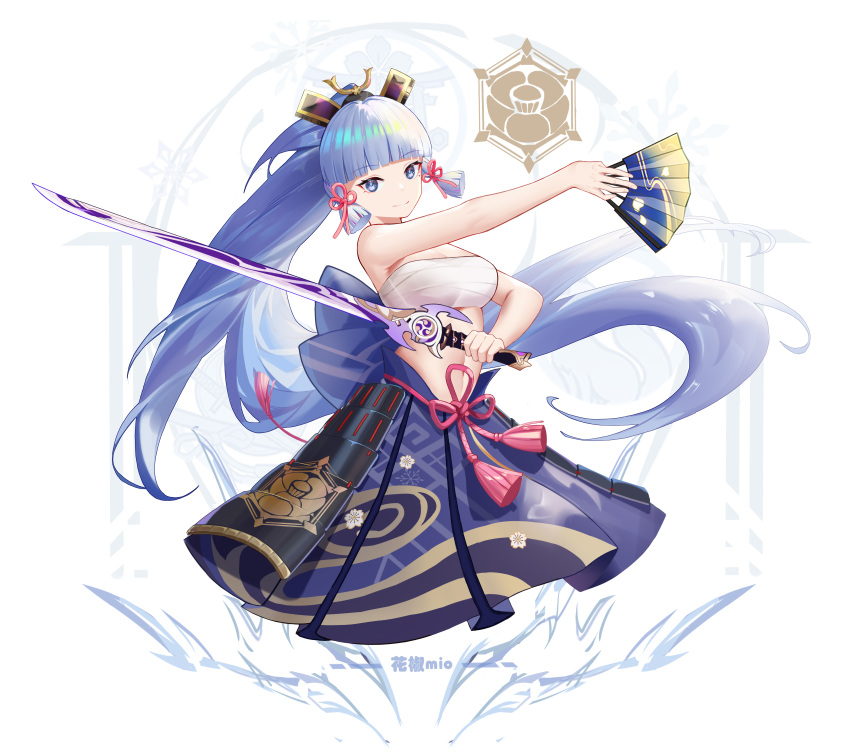 absurdres adapted_costume armored_skirt asymmetrical_dual_wielding blue_eyes blue_hair blue_skirt blunt_bangs breasts chest_sarashi female folding_fan genshin_impact hair_ribbon hand_fan headpiece highres holding holding_fan holding_sword holding_weapon kamisato_ayaka light_blue_hair light_smile long_hair looking_at_viewer lunxirain medium_breasts mistsplitter_reforged_(genshin_impact) mole mole_under_eye navel no_shirt pleated_skirt ponytail pose print_skirt ribbon sarashi skirt solo sword tassel tress_ribbon upper_body very_long_hair weapon white_background