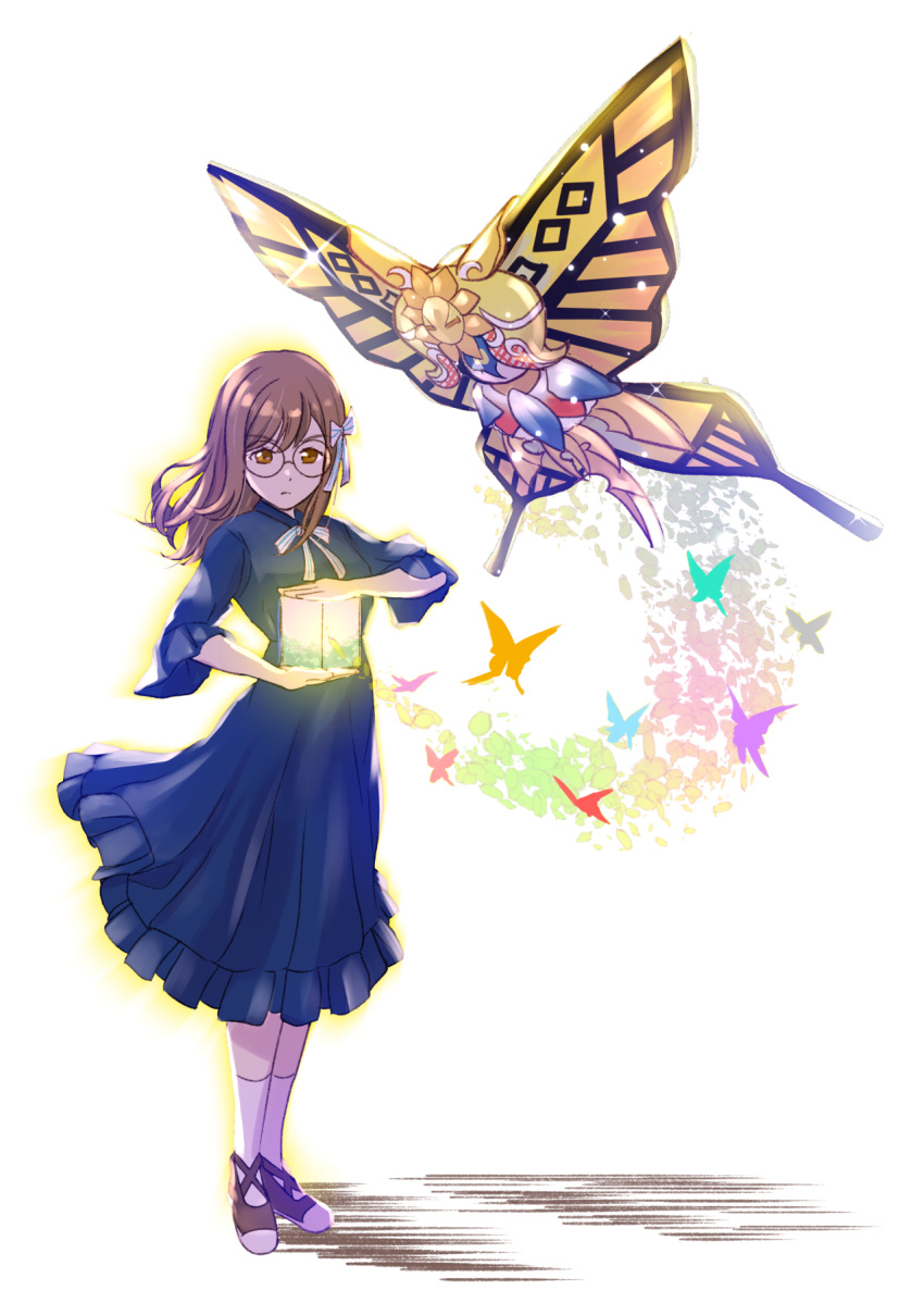 blue_dress bow bowtie box brown_hair bug butterfly cross-laced_footwear dress female full_body glasses golden_wings hairbow highres holding holding_box jojo_no_kimyou_na_bouken jojo_pose kunikida_hanamaru love_live! love_live!_sunshine!! medium_hair mitaiken_horizon orange_eyes pose ribbon shadow shamakho socks solo stand_(jojo) standing striped_bow striped_bowtie striped_clothes white_socks