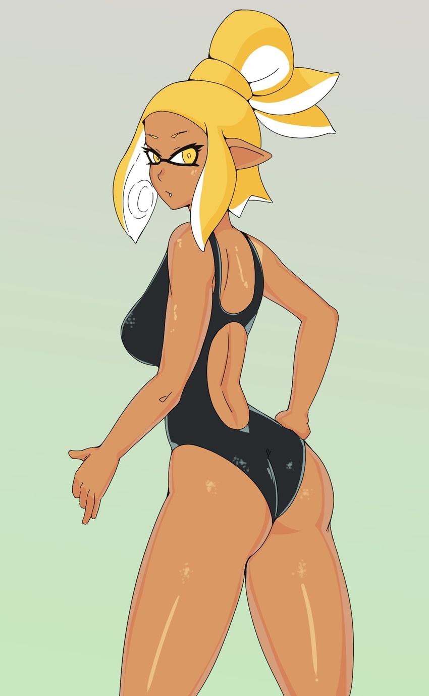 ass bare_shoulders blonde_hair breasts closed_mouth covered_nipples dark-skinned_female dark_skin female highres inkling inkling_girl inkling_player_character medium_hair n-pacer_(splatoon) one-piece_swimsuit pointy_ears protected_link simple_background solo splatoon_(manga) splatoon_(series) splatoon_2 swimsuit tentacle_hair thwwshark yellow_eyes