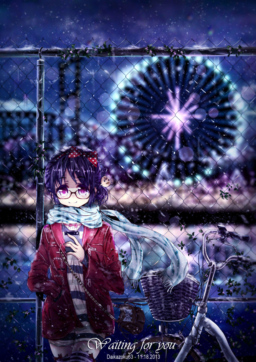 artist_name bag bicycle bicycle_basket black-framed_eyewear black_hair black_thighhighs blue_scarf blush bow cellphone chain-link_fence closed_mouth daikazoku63 female fence fireworks glasses hairbow handbag highres holding holding_phone jacket looking_at_viewer night original outdoors phone photoshop_(medium) pink_eyes red_bow red_jacket scarf short_hair smartphone smile solo thighhighs