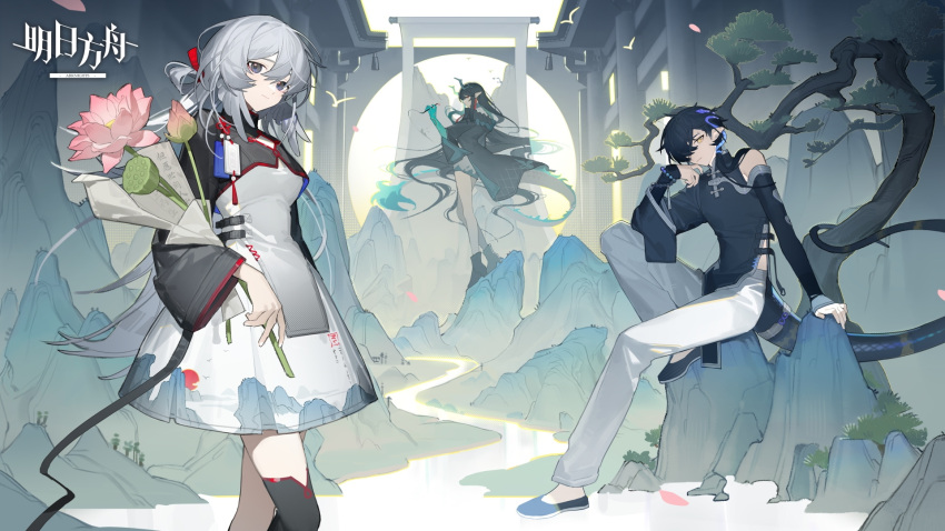 1boy 2girls architecture arknights black_hair chinese_clothes corroserum_(arknights) dusk_(arknights) east_asian_architecture flower green_hair guest_art highres jacknife karst lotus moon_gate mountain mulberry_(arknights) multiple_girls purple_eyes river sitting skirt standing tail yellow_eyes