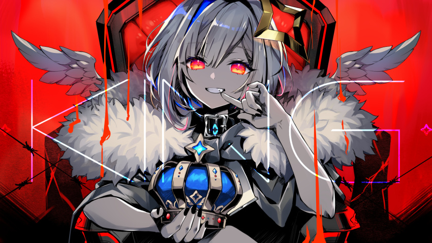 amane_kanata angel_wings bangs banned_artist barbed_wire black_collar black_nails chair coat collar commentary_request crown crown_removed english_text eyebrows_visible_through_hair female fur-trimmed_coat fur_trim grin halo highres holding holding_crown hololive king_(vocaloid) looking_at_viewer nail_polish official_art red_background red_eyes red_theme ria second-party_source smile solo song_name teeth throne virtual_youtuber wings