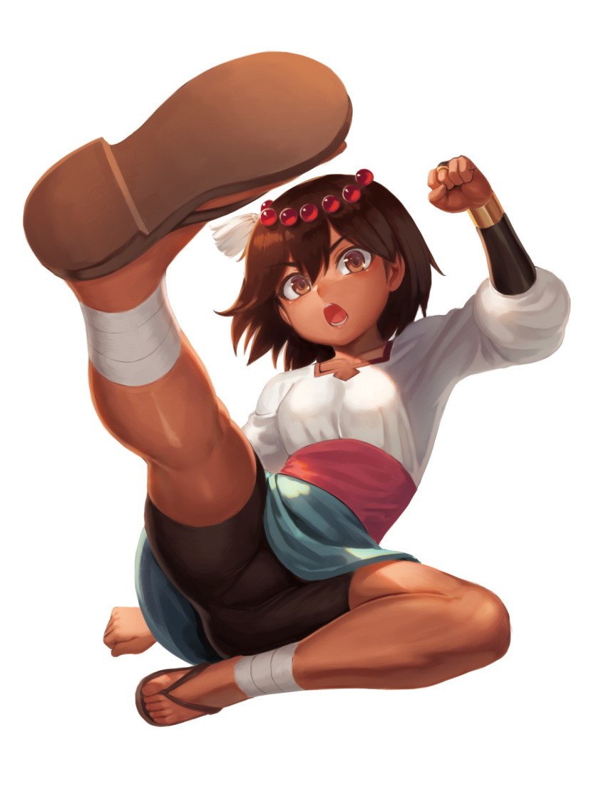 ajna_(indivisible) ankle_wrap beads bike_shorts bracelet breasts brown_hair dark-skinned_female dark_skin female hair_ornament highres indivisible jewelry looking_at_viewer open_mouth ranma_(kamenrideroz) sandals short_hair simple_background solo white_background