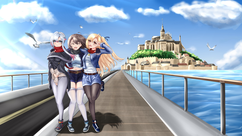 3girls absurdres asymmetrical_hair azur_lane baltimore_(azur_lane) belt bird black_scarf blonde_hair blue_eyes blue_shirt boots braid braided_bun brown_hair castle cleveland_(azur_lane) closed_eyes cloud commission commissioner_upload denim denim_jacket denim_shorts european_architecture fingerless_gloves france full_body gloves hair_bun hair_ribbon highres jacket jewelry long_hair long_sleeves looking_at_viewer md5_mismatch medium_hair mont_st-michel multicolored_hair multiple_girls musanix navel necklace odin_(azur_lane) one_side_up open_mouth outdoors pants pantyhose real_world_location red_eyes red_scarf resolution_mismatch ribbon scarf seagull shirt shorts signature sky smile source_smaller sweater thighhighs two-tone_hair v very_long_hair water white_hair winter_clothes