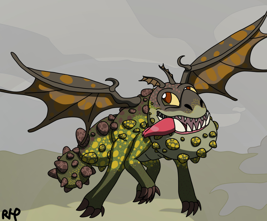 2023 absurd_res ambiguous_gender brown_body cel_shading claws detailed_background digital_drawing_(artwork) digital_media_(artwork) dragon dreamworks european_mythology feral front_view green_body gronckle hi_res how_to_train_your_dragon membrane_(anatomy) membranous_wings multicolored_body mythological_creature mythological_scalie mythology outside quadruped rhp scalie shaded solo tail thick_tail three-quarter_view tongue tongue_out western_dragon wings