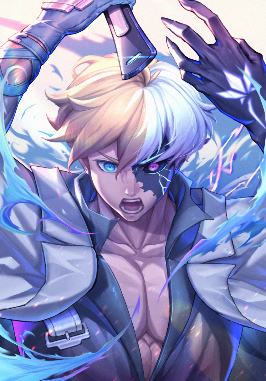 1boy aura black_sclera blonde_hair blue_eyes blue_gloves blue_shirt claws colored_sclera dragon_install gloves guilty_gear guilty_gear_strive hair_between_eyes heterochromia high_collar highres holding holding_sword holding_weapon jacket jacket_on_shoulders ky_kiske male_focus multicolored_hair open_mouth pectoral_cleavage pectorals qibi_(jenchang1117) red_eyes shirt short_hair solo split-color_hair sword thunderseal transformation upper_body weapon white_background white_jacket