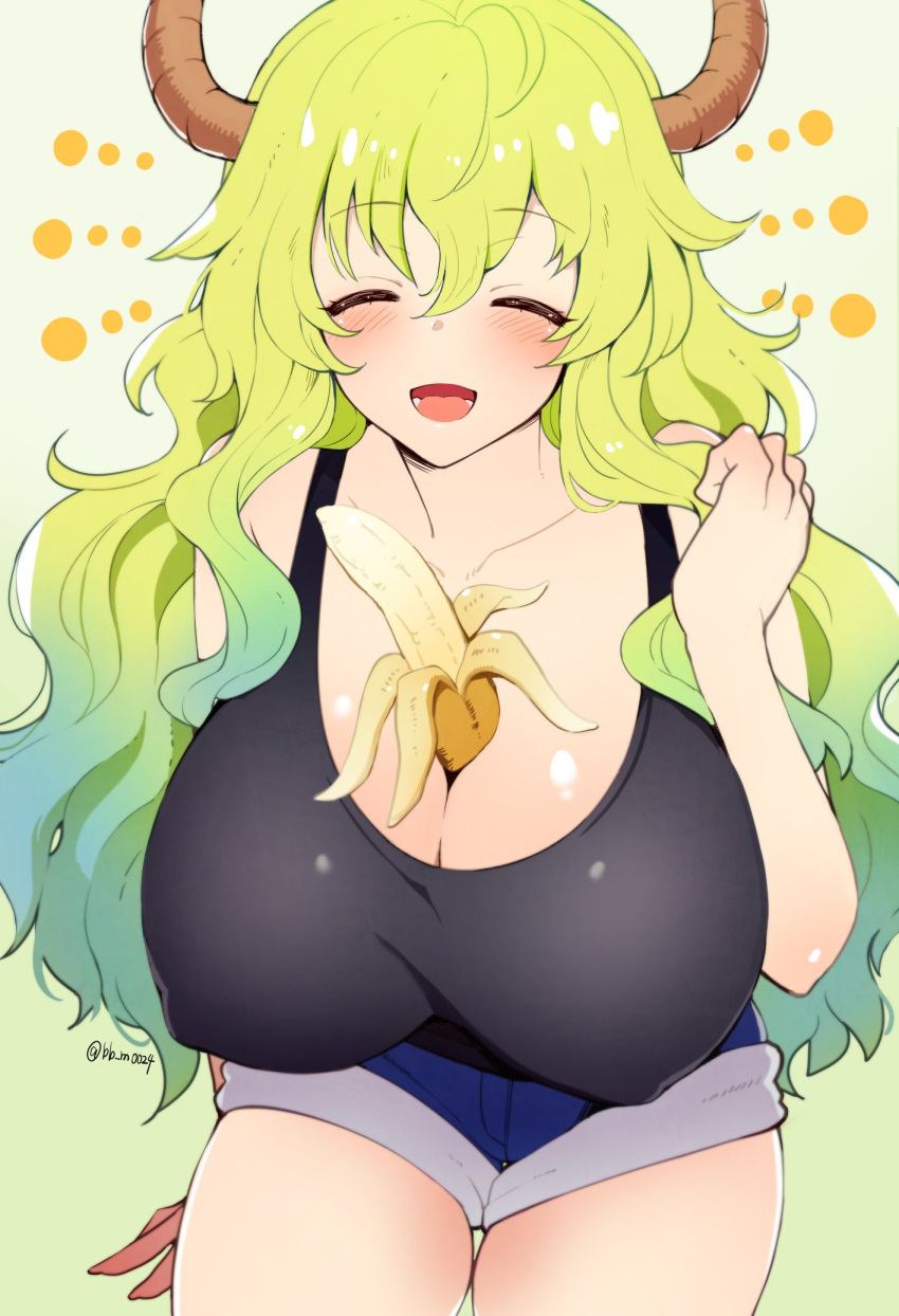 :d banana bare_arms bare_shoulders bb_m0024 between_breasts black_tank_top blonde_hair blue_shorts blush breasts brown_horns cleavage closed_eyes commentary covered_nipples cowboy_shot denim facing_viewer female food food_between_breasts fruit gradient_background gradient_hair green_background green_hair hair_between_eyes highres horns huge_breasts jeans kobayashi-san_chi_no_maidragon long_hair lucoa_(maidragon) multicolored_hair open_mouth pants phallic_symbol raised_eyebrows shorts sidelocks simulated_paizuri sleeveless smile solo symbol-only_commentary tank_top twitter_username