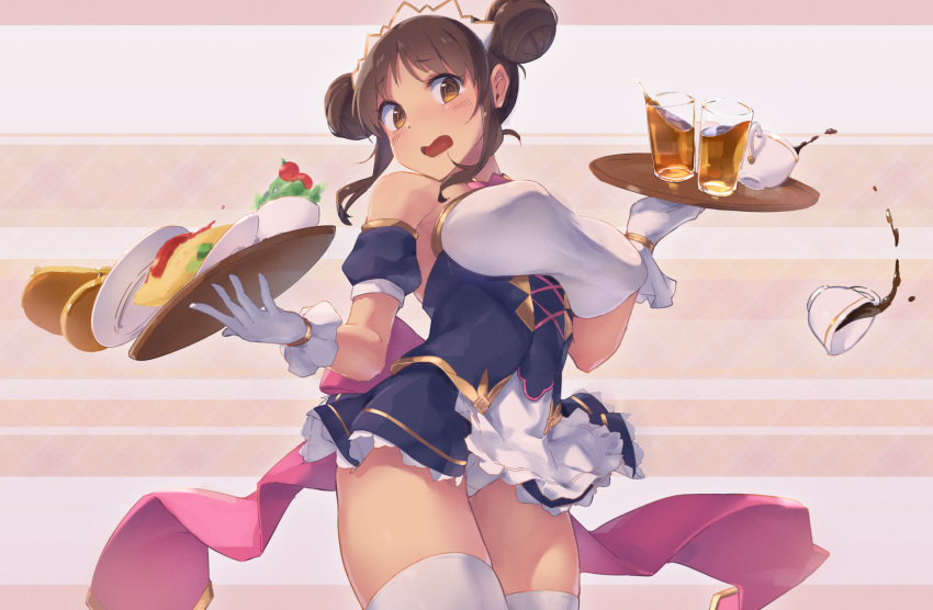 @_@ armpit_crease bare_shoulders blush breasts brown_eyes brown_hair cowboy_shot cup detached_sleeves double_bun drinking_glass dropping female food gloves hair_bun highres holding holding_tray large_breasts long_hair looking_at_viewer nitro_(mugityaoisii) omelet omurice open_mouth princess_connect! puffy_detached_sleeves puffy_sleeves sidelocks solo spilling standing suzume_(princess_connect!) thighhighs thighs tray white_gloves white_thighhighs