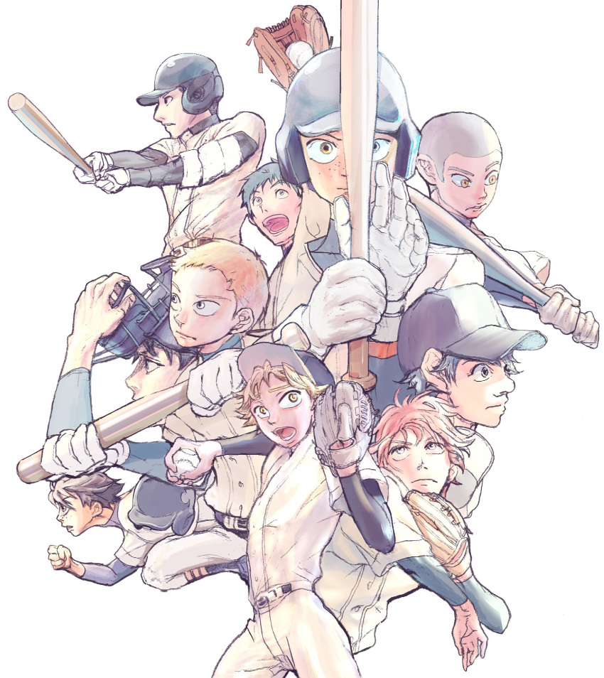 6+boys :d :o abe_takaya arm_up baseball baseball_bat baseball_cap baseball_helmet baseball_jersey baseball_mitt baseball_uniform brown_eyes brown_hair buzz_cut clenched_hand freckles gloves hamada_yoshirou hanai_azusa hat helmet highres holding holding_baseball_bat izumi_kousuke jersey looking_at_viewer male_focus mask mihashi_ren mizutani_fumiki multiple_boys nishishiro_shintarou oki_kazutoshi ookiku_furikabutte open_mouth orange_hair pitching running sakaeguchi_yuuto short_hair shortstop_ofuri smile sportswear suyama_shouji tajima_yuuichirou very_short_hair white_gloves