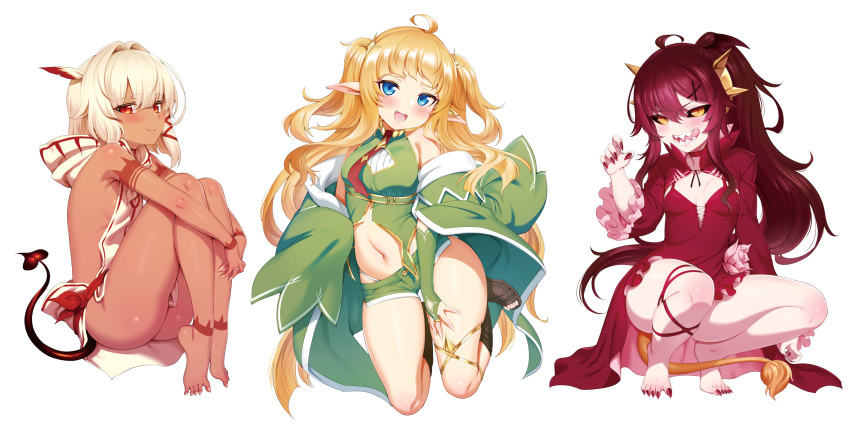 3girls :d :q ahoge arm_tattoo ass bare_arms bare_legs bare_shoulders barefoot black_sclera blonde_hair blue_eyes blush breasts bridal_gauntlets choker christina_(tanaka_the_wizard) claw_pose closed_mouth colored_sclera curled_fingers dark-skinned_female dark_red_hair dark_skin demon_tail detached_sleeves dress dress_flower edita_(tanaka_the_wizard) elf fang_out feather_hair_ornament feathers fingernails frilled_dress frilled_sleeves frills full_body hair_intakes hair_ornament hairclip hand_on_lap highleg highleg_panties highres hood hood_down hoodie hugging_own_legs jumping leg_ribbon leg_tattoo licking_lips lion_tail long_fingernails long_hair looking_at_viewer m-da_s-tarou multiple_girls nail_polish navel necktie oerba_yun_fang official_art open_mouth panties panty_peek pointy_ears ponytail red_eyes red_hair red_nails ribbon ringed_eyes rocoroco sharp_fingernails sharp_teeth sharp_toenails short_hair short_shorts shorts sideboob sidelocks simple_background skindentation sleeveless slit_pupils small_breasts smile squatting star_(symbol) star_hair_ornament tail tanaka_the_wizard tattoo teeth thighs toeless_footwear toenail_polish toenails tongue tongue_out twintails underwear v-shaped_eyebrows very_long_hair white_background white_hair white_panties wide_sleeves yellow_eyes