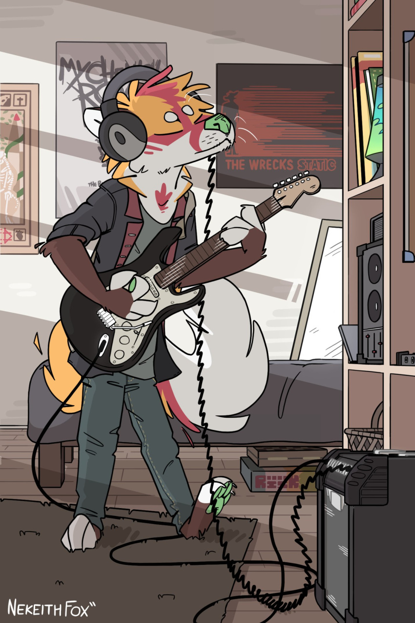 anthro band_merch bed canid canine closed_eyes electric_guitar electronics fender_musical_instruments_corporation fox furniture guitar headphones hi_res male mammal musical_instrument my_chemical_romance nekeithfox playing_guitar playing_music plucked_string_instrument solo stratocaster string_instrument