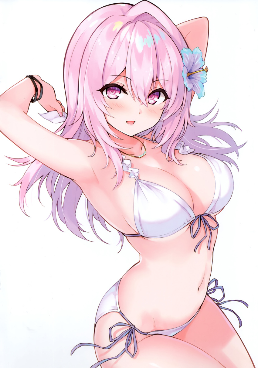 absurdres armpits arms_behind_head arms_up bikini bracelet breasts cleavage cu-no female flower hair_flower hair_ornament hibiscus highres hisen_kaede jewelry long_hair looking_at_viewer medium_breasts navel necklace open_mouth pink_hair purple_eyes scan side-tie_bikini_bottom smile solo stomach swimsuit white_bikini yayoi_sakura