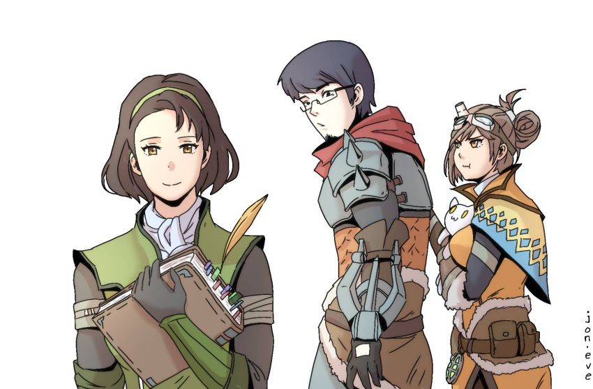 1boy 2girls beard black_hair brown_eyes brown_hair commentary distracted_boyfriend_(meme) english_commentary facial_hair glasses handler_(monster_hunter_world) highres jon_eve meme monster_hunter:_world monster_hunter_(series) monster_hunter_world:_iceborne multiple_girls serious_handler short_hair