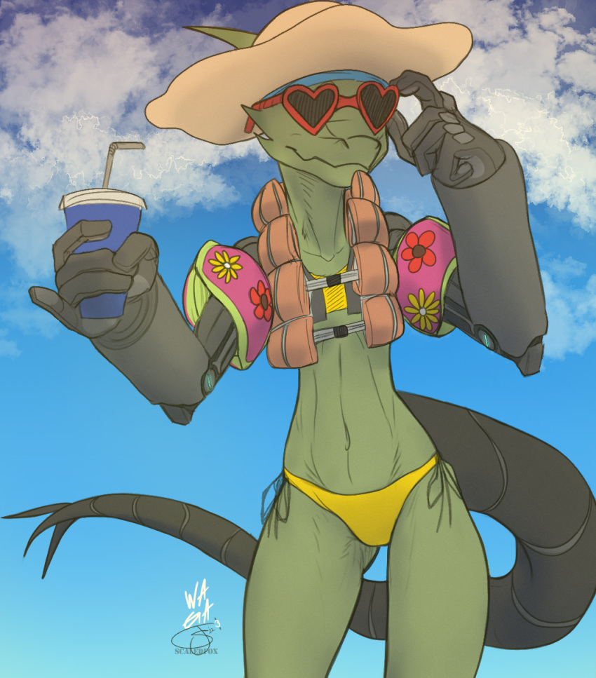 2022 anthro bikini bikini_bottom clothed clothing collaboration cybernetic_arm cybernetic_limb cybernetic_tail cybernetics eyewear female flat_chested hat headgear headwear hi_res kobold life_jacket life_preserver machine ruste_(w4g4) scaledfox scalie slim solo sunglasses swimwear tail w4g4 water_wings