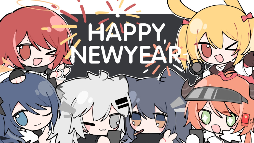 >_o +_+ 6+girls ;) ;d aerial_fireworks animal_ears arknights black_background black_hair black_jacket blonde_hair blush_stickers bow brown_eyes brown_gloves brown_hair cellphone chibi closed_mouth commentary_request croissant_(arknights) exusiai_(arknights) fireworks food food_in_mouth gloves green_eyes grey_eyes grey_hair hairbow halo happy_new_year highres holding holding_phone jacket lappland_(arknights) long_sleeves mostima_(arknights) mouth_hold multiple_girls new_year one_eye_closed open_mouth penguin_logistics_(arknights) phone pink_bow pocky rabbit_ears shirt smile sora_(arknights) texas_(arknights) twintails two-tone_background v white_background white_jacket white_shirt wide_sleeves xijian