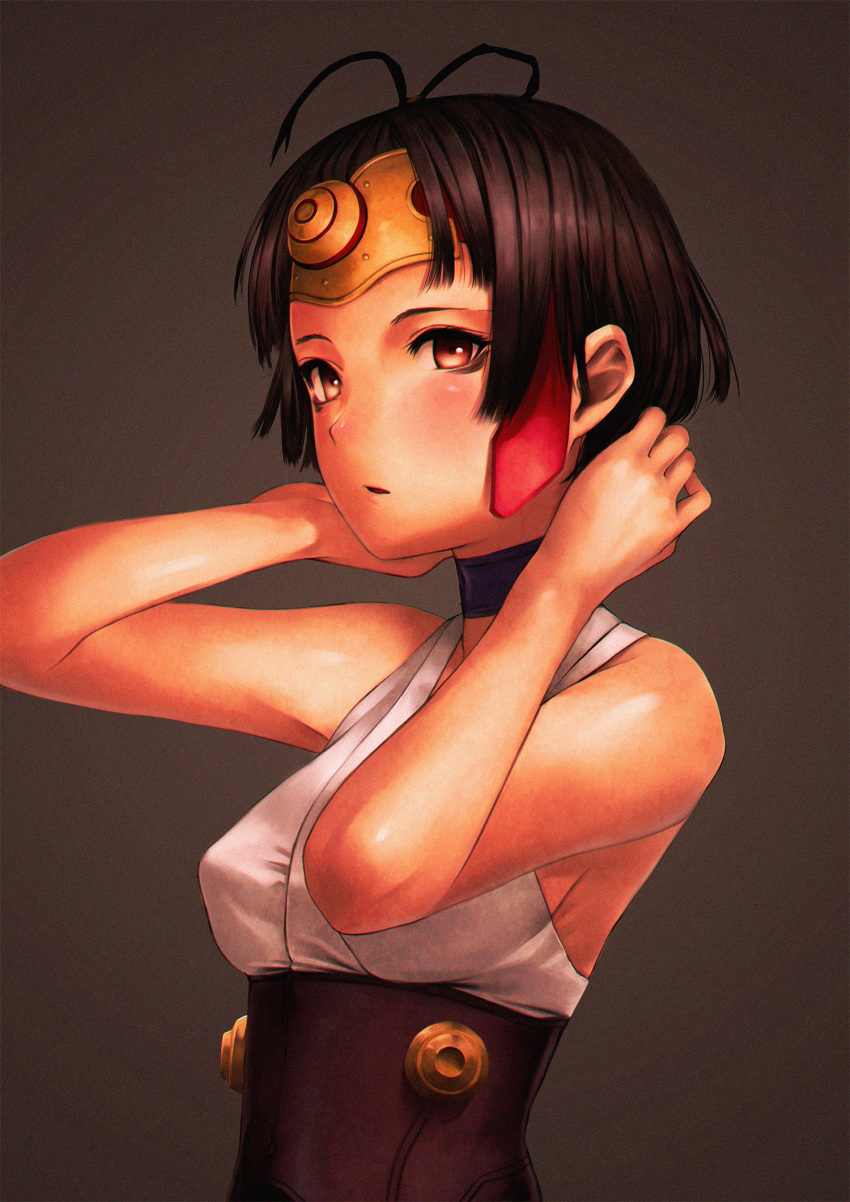 breasts brown_eyes brown_hair choker female forehead_protector highres hotateyuki koutetsujou_no_kabaneri looking_at_viewer mumei_(kabaneri) open_mouth short_hair simple_background solo