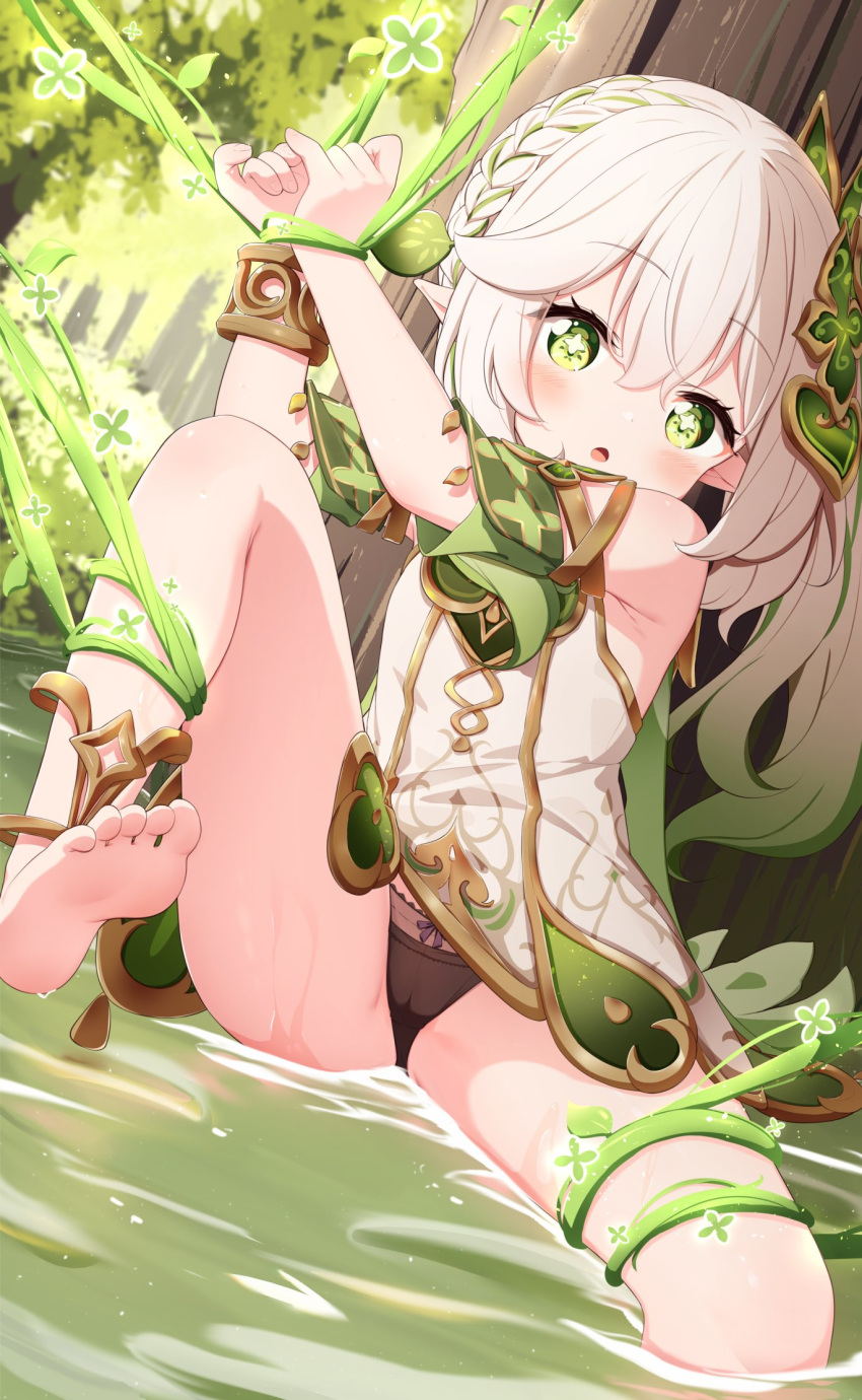 :o arms_up bangs bare_shoulders barefoot black_panties bound bound_wrists bracelet breasts cross-shaped_pupils day dress female female_child forest genshin_impact gradient_hair green_eyes green_hair hair_ornament highres jewelry knee_up leaf_hair_ornament light_blush long_hair looking_at_viewer multicolored_hair nahida_(genshin_impact) nature no_pants outdoors panties pointy_ears restrained setmen side_ponytail sleeveless sleeveless_dress small_breasts soles solo tied_up_(nonsexual) toes underwear water wet white_dress white_hair