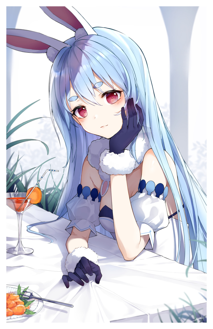 absurdres alternate_hairstyle animal_ear_fluff animal_ears bare_shoulders black_gloves blue_hair blush border breasts cleavage closed_mouth commentary cup detached_sleeves don-chan_(usada_pekora) drink drinking_glass drinking_straw female fork fur-trimmed_gloves fur_collar fur_trim gloves hand_on_own_cheek hand_on_own_face highres hololive long_hair looking_at_viewer plate puffy_short_sleeves puffy_sleeves purple_eyes rabbit_ears rabbit_girl short_sleeves small_breasts smile snozaki solo straight_hair strapless table tablecloth thick_eyebrows upper_body usada_pekora usada_pekora_(1st_costume) very_long_hair virtual_youtuber white_border