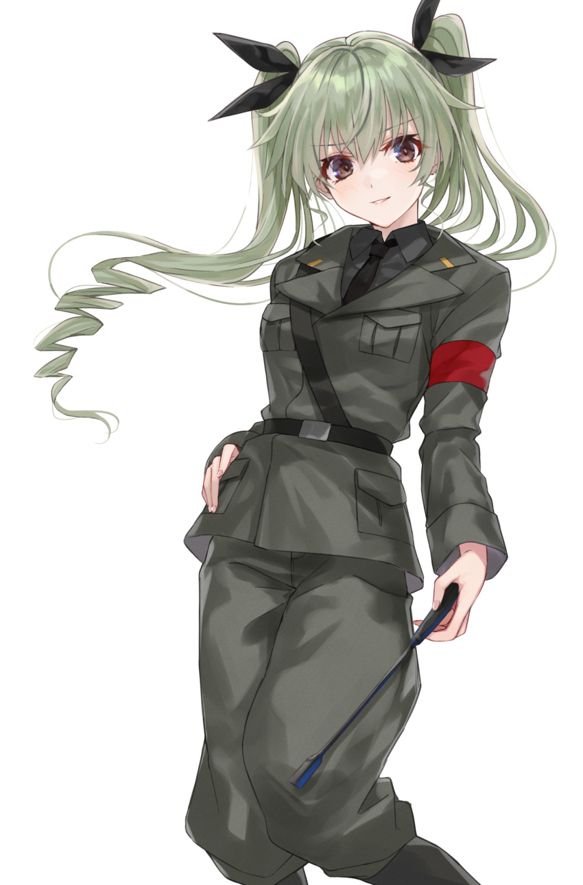 anchovy_(girls_und_panzer) anzio_military_uniform belt black_necktie black_ribbon boots brown_eyes commentary drill_hair female girls_und_panzer green_hair grey_pants hair_ribbon hand_on_own_hip highres holding holding_riding_crop knee_boots long_hair looking_at_viewer mexif necktie pants pants_tucked_in parted_lips ribbon riding_crop sam_browne_belt simple_background smile solo standing twin_drills twintails white_background wind