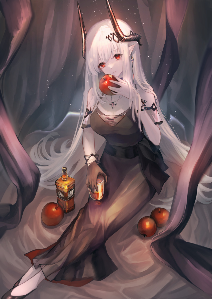 absurdres alcohol apple arknights armband black_curtains black_dress black_footwear black_gloves breasts commentary_request crossed_legs cup curtains demon_girl demon_horns dress earrings female food fruit gloves head_tilt hemorina highres holding holding_cup holding_food holding_fruit horns jewelry large_breasts long_hair mudrock_(arknights) mudrock_(obsidian)_(arknights) necklace pointy_ears single_glove solo very_long_hair whiskey white_hair