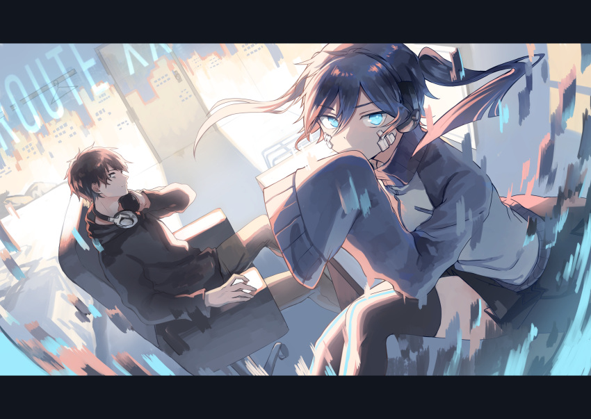 1boy bags_under_eyes bed black_eyes black_hair black_hoodie black_legwear black_skirt blue_eyes blue_hair blue_sleeves border brown_pants chair commentary crimsonseed ene_(kagerou_project) english_text feet_out_of_frame female glitch hair_between_eyes headphones headphones_around_neck highres hood hoodie indoors jacket jinzou_enemy_(vocaloid) kagerou_project kisaragi_shintarou letterboxed long_hair long_sleeves looking_at_viewer muted_color pants short_hair sitting skirt skyline sleeves_past_fingers sleeves_past_wrists striped thighhighs track_jacket twintails