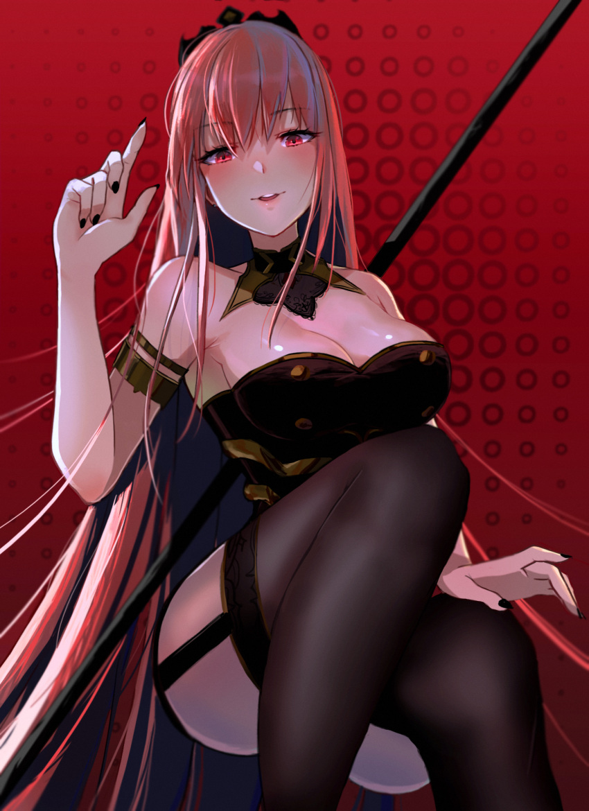 armlet black_nails black_thighhighs blush breasts bustier cleavage corset crown detached_collar female fingerless_gloves garter_straps gloves hand_up highres hololive hololive_english invisible_chair large_breasts legs lessone lips long_hair looking_at_viewer mori_calliope mori_calliope_(1st_costume) nail_polish no_veil parted_lips pink_hair red_background red_eyes red_hair scythe sitting solo thighhighs thighs tiara very_long_hair virtual_youtuber weapon weapon_on_back