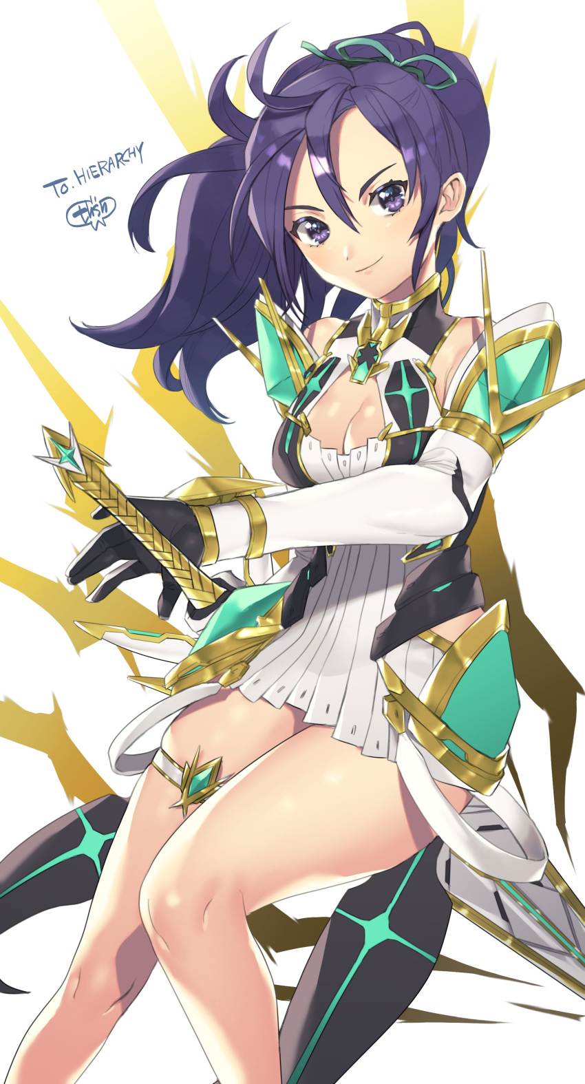 absurdres aegis_sword_(xenoblade) armor armpit_crease bare_legs bare_shoulders bracelet breasts cleavage commission cosplay dress elbow_gloves energy english_commentary female fir_(fire_emblem) fire_emblem fire_emblem:_the_binding_blade gloves gold_trim hair_between_eyes hair_ribbon halterneck highres hip_armor jewelry knees_together_feet_apart long_hair looking_at_viewer medium_breasts murata_tefu mythra_(xenoblade) mythra_(xenoblade)_(cosplay) pauldrons pendant ponytail purple_eyes purple_hair ribbon second-party_source short_dress shoulder_armor sidelocks signature simple_background skeb_commission smile solo sword thigh_strap thighs weapon white_background white_dress xenoblade_chronicles_(series) xenoblade_chronicles_2