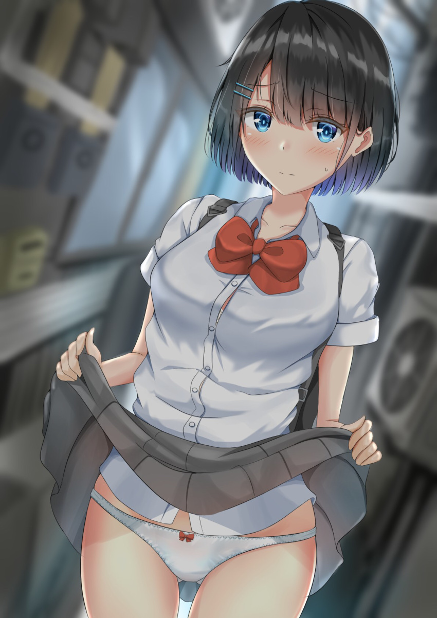 alley ass_visible_through_thighs backpack bad_id bad_pixiv_id bag black_hair black_skirt blue_eyes blurry blurry_background blush bow bow_panties bowtie bra bra_peek button_gap clothes_lift collarbone collared_shirt commentary_request dutch_angle female hair_ornament hairclip highres lifting_own_clothes looking_at_viewer original panties pleated_skirt red_bow red_bowtie school_uniform shirt skirt skirt_lift solo standing sunsun2812 thighs underwear uniform white_panties white_shirt