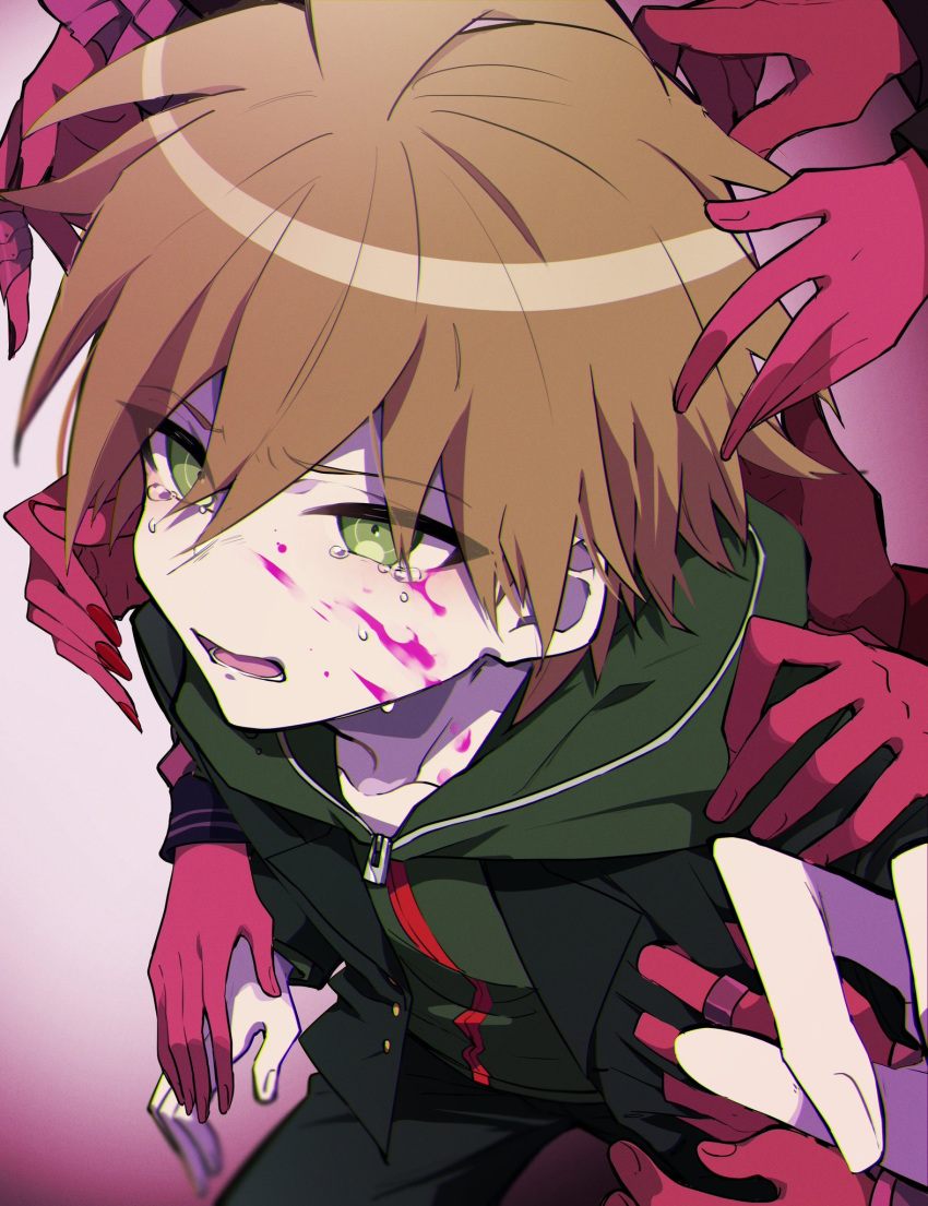 1boy ahoge black_jacket black_nails black_pants blood blood_on_face brown_eyes brown_hair celestia_ludenberg collarbone commentary_request danganronpa:_trigger_happy_havoc danganronpa_(series) enoshima_junko gloves green_hoodie grey_background hair_between_eyes highres hood hooded_jacket hoodie ikusaba_mukuro jacket jewelry long_hair long_sleeves lower_teeth_only maizono_sayaka male_focus naegi_makoto nekoma_hikaru ogami_sakura open_mouth pants pink_blood red_gloves red_nails ring short_hair simple_background tearing_up teeth yamada_hifumi zipper