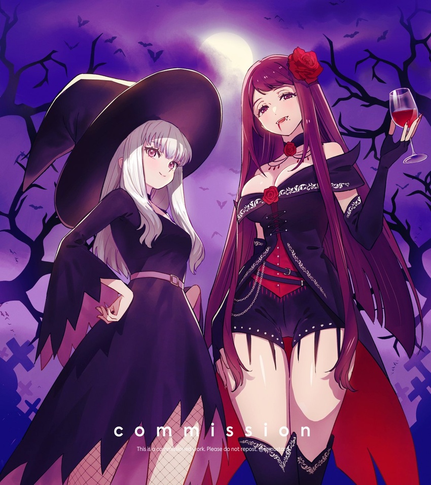 2girls alternate_costume black_choker black_gloves breasts choker cleavage commentary commission cup drinking_glass english_commentary fingerless_gloves fire_emblem fire_emblem:_three_houses fire_emblem_engage fishnet_pantyhose fishnets flower gloves hair_flower hair_ornament halloween halloween_costume hand_on_own_hip hat highres holding holding_cup ivy_(fire_emblem) large_breasts long_hair looking_at_viewer lysithea_von_ordelia moon multiple_girls oerba_yun_fang pantyhose purple_eyes purple_hair small_breasts smile sumustard thighhighs vampire white_hair wine_glass witch witch_hat