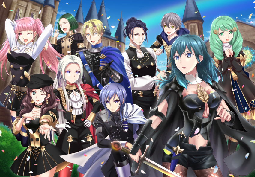 5boys 5girls armor arms_up ashe_ubert belt black_hair black_headwear black_shorts blonde_hair blue_cape blue_eyes blue_hair blue_sky bow bracelet brown_eyes brown_hair byleth_(female)_(fire_emblem) byleth_(fire_emblem) cape choker closed_eyes closed_mouth clothing_cutout commentary_request dagger day dimitri_alexandre_blaiddyd dorothea_arnault earrings edelgard_von_hresvelg felix_hugo_fraldarius fire_emblem fire_emblem:_three_houses flayn_(fire_emblem) freckles garreg_mach_monastery_uniform gloves green_eyes green_hair grey_hair hair_ornament hair_ribbon hat highres hilda_valentine_goneril holding holding_sword holding_weapon hood hood_down jewelry kakiko210 knife linhardt_von_hevring long_hair long_sleeves multiple_boys multiple_girls navel_cutout one_eye_closed open_mouth outdoors pantyhose parted_lips petals pink_eyes pink_hair purple_eyes purple_hair red_cape red_pantyhose ribbon sheath sheathed short_hair short_shorts shorts sky smile sword twintails uniform weapon white_cape white_gloves white_hair yawning yuri_leclerc