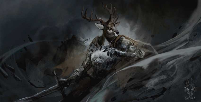 2023 2_ears anthro antlers armed armor broad_shoulders brown_body brown_eyes brown_fur cape cervine clothing deer digital_drawing_(artwork) digital_media_(artwork) fur gauntlets gloves handwear hi_res horn looking_into_the_distance male mammal melee_weapon ruscal signature solo sovka stylized_background sword weapon