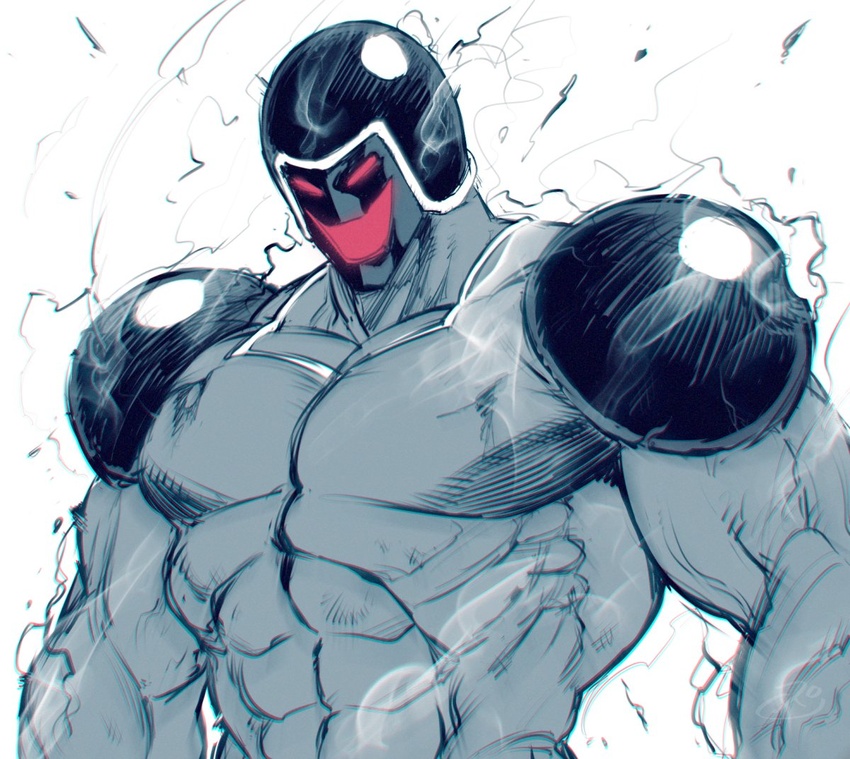 1boy abs chromatic_aberration commentary_request evil_smile greyscale helmet kinnikuman male_focus monochrome muscular muscular_male smile solo spacezin spot_color upper_body warsman white_background