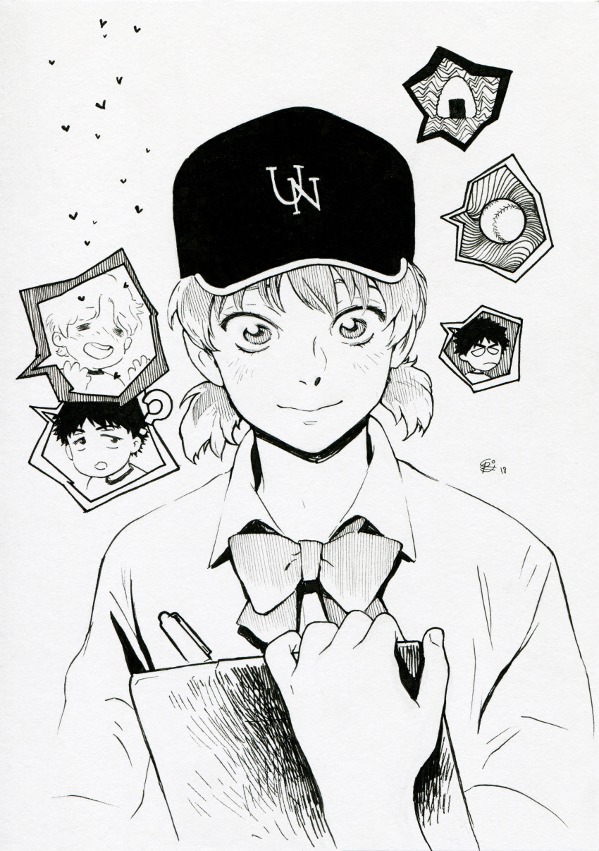 2boys ? abe_takaya absurdres baseball baseball_cap bow chernotrav clipboard female food greyscale hat highres millipen_(medium) monochrome multiple_boys onigiri ookiku_furikabutte photoshop_(medium) shinooka_chiyo shirt short_hair short_twintails spoken_character traditional_media twintails