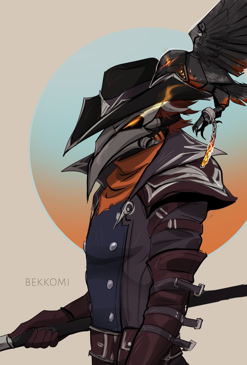 1boy absurdres animal artist_name beatrice_(league_of_legends) bekkomi bird black_hat black_jacket brown_hair cane chains cowboy_hat from_side glowing glowing_eyes gradient_background hat high_noon_(league_of_legends) high_noon_viktor highres holding holding_cane jacket league_of_legends long_sleeves male_focus mask orange_background orange_scarf plague_doctor_mask scarf solo viktor_(league_of_legends)