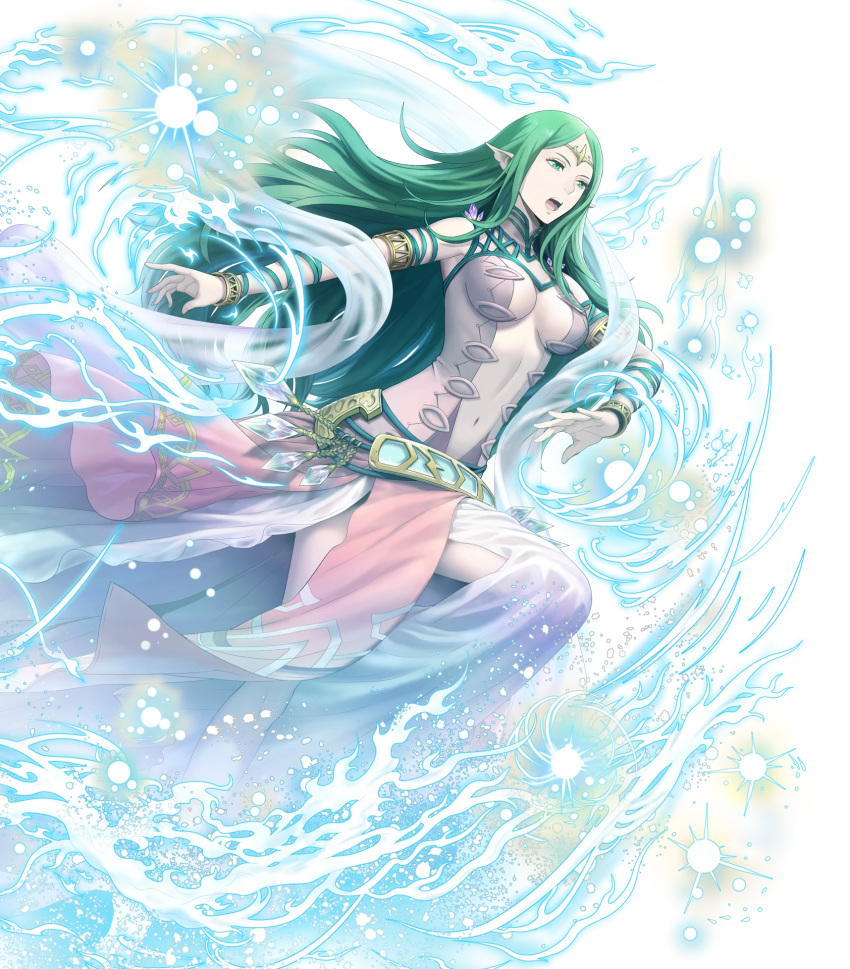 armlet asatani_tomoyo bare_shoulders belt bracelet breasts dress female fire_emblem fire_emblem:_mystery_of_the_emblem fire_emblem_awakening fire_emblem_heroes full_body gem green_eyes green_hair highres jewelry long_hair looking_away medium_breasts naga_(fire_emblem) navel non-web_source official_art open_mouth pale_skin parted_bangs pointy_ears sleeveless sleeveless_dress solo stomach tiara transparent_background turtleneck