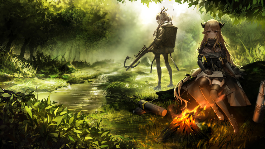 arknights garter heels horns landscape pantyhose thighhighs wallpaper weapon wu_lun_wujin