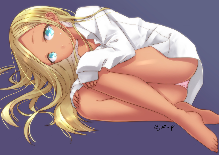 absurdres barefoot blonde_hair blue_eyes collarbone commentary_request dark-skinned_female dark_skin dress_shirt female fetal_position full_body hands_on_own_knees highres idolmaster idolmaster_cinderella_girls layla_(idolmaster) long_hair looking_at_viewer lying off_shoulder on_side panties parted_bangs pink_panties purple_background shirt simple_background single_bare_shoulder sleeves_past_wrists solo twitter_username underwear white_shirt yuuki_eishi