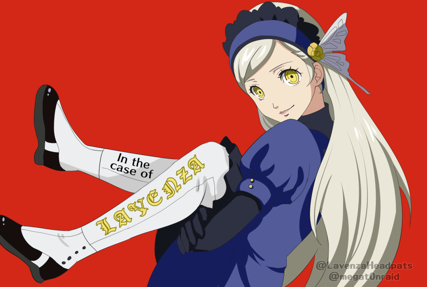 absurdres black_footwear commentary female hairband highres lavenza_(persona_5) layered_clothes long_hair looking_at_viewer megat0nraid parody persona persona_5 persona_5_the_animation puffy_short_sleeves puffy_sleeves red_background short_sleeves simple_background smile spats_(footwear) spoilers symbol-only_commentary twitter_username yellow_eyes