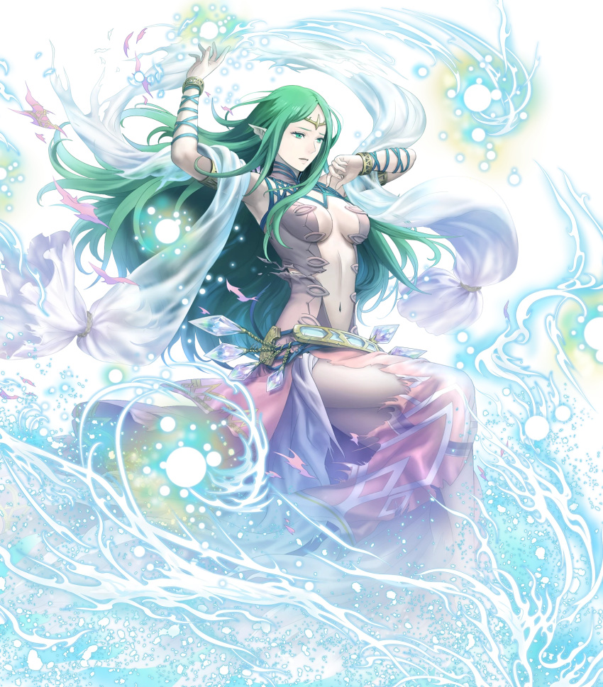 armpits asatani_tomoyo bare_shoulders belt bracelet breasts dress female fire_emblem fire_emblem:_mystery_of_the_emblem fire_emblem_awakening fire_emblem_heroes full_body gem green_eyes green_hair hands_up highres jewelry long_hair looking_away medium_breasts naga_(fire_emblem) navel non-web_source official_art pale_skin parted_bangs parted_lips pointy_ears sleeveless sleeveless_dress solo stomach tiara torn_clothes torn_dress transparent_background turtleneck